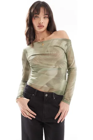 Pull&Bear One shoulder mesh long sleeved top in print