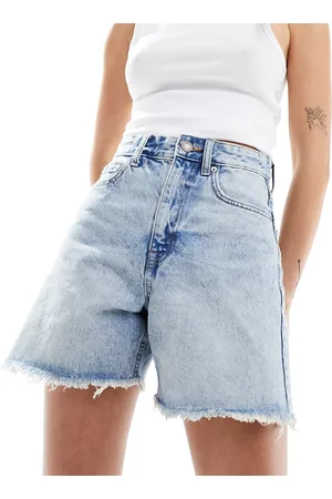 Pull&Bear High waisted raw hem longline denim shorts in light