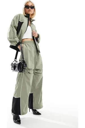 The Kript Wide leg tech trousers with contrast detail co-ord in sage and black