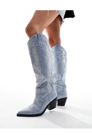 AZALEA WANG Louella western knee boot in embellished denim