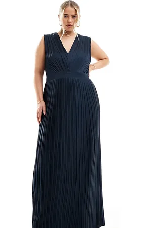 TFNC Bridesmaid satin pleated maxi dress in navy