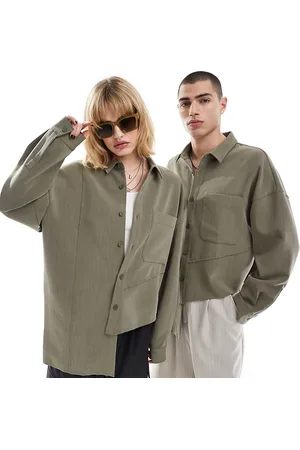 Reclaimed Asym genderless shirt with seam detailing in olive co-ord