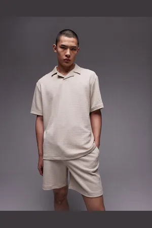Topman Oversized fit revere polo with crinkle plisse texture in stone