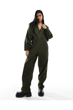 ASOS Collared boilersuit with button detail leg in khaki