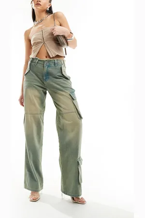 Simmi Clothing Simmi denim wide leg cargo jeans with raw hem in sand blast wash