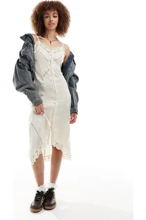 Reclaimed Button front slip dress with lace in antique cream