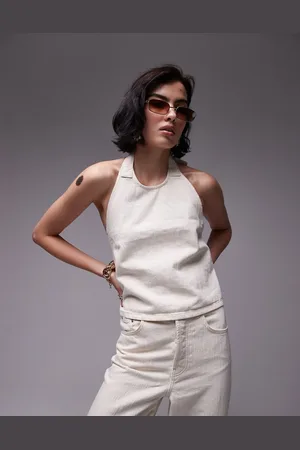 Topshop Denim halter neck top in ecru