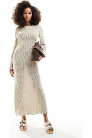 VERO MODA Aware crochet maxi dress with bell sleeves in oatmeal