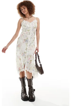 Reclaimed Recalimed Vintage button front slip dress with lace in floral print