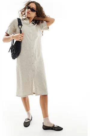 Monki Linen blend midi shirt dress with button front in beige