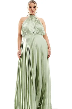 TFNC Bridesmaid satin pleated halter neck maxi dress with full skirt in sage
