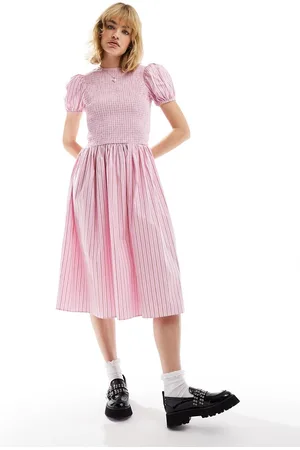 Glamorous Drop waist shirred midi dress in red stripe