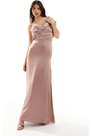 TFNC Bridesmaid satin one shoulder drape maxi dress in rose