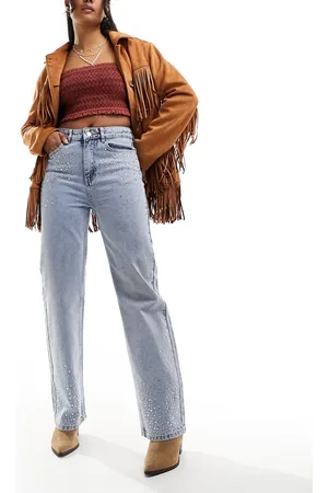 In The Style Denim diamante detail wide leg jeans in light wash