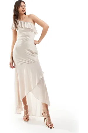 TFNC Bridesmaid satin one shoulder ruffle maxi dress in champagne