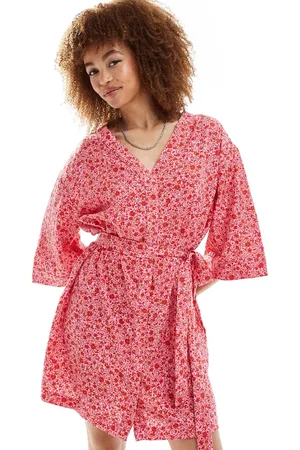 Monki Belted wrap mini dress in red ditsy floral