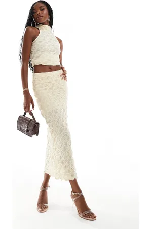 River Island Textured midi skirt in cream