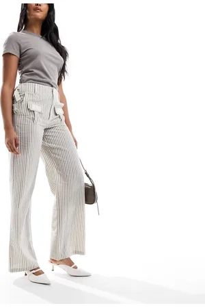 Daisy Street Low rise Y2K trousers in khaki stripe with pocket buckle detail