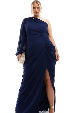 TFNC Bridesmaid chiffon drape one shoulder maxi dress in navy