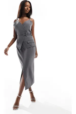 Kaiia Tailored buckle detail cami midaxi dress in charcoal