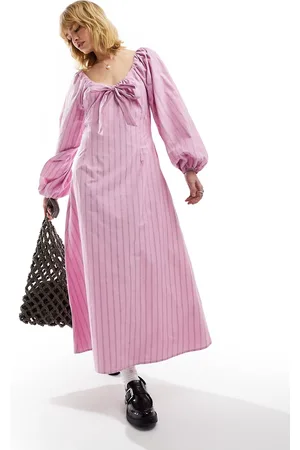 Glamorous Tie front volume sleeve maxi smock dress in stripe