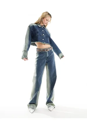 KYÒ The Brand cropped bleach wash denim jacket co-ord in indigo blue