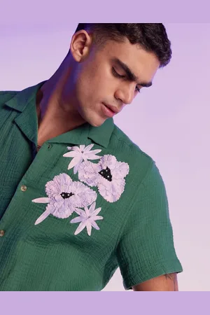 ASOS Relaxed revere crinkle shirt with floral hand embroidered applique