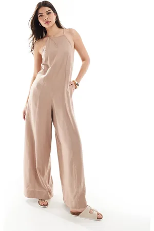 ASOS Racer neck Crosshatch linen jumpsuit in almond