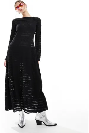 Monki Open knit pointelle maxi dress with long sleeves and open back in