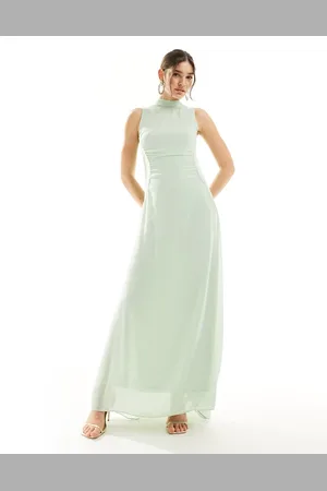 TFNC Bridesmaid chiffon high neck gathered maxi dress with straight skirt in fresh mint