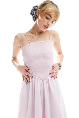 Glamorous Shirred bust midi volume dress in baby