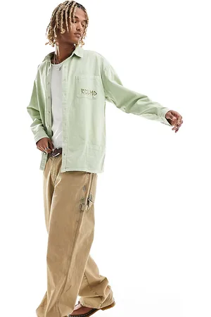Reclaimed Long sleeve oversized washed shirt with embroidery in green