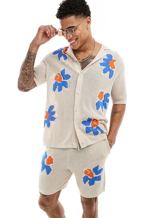 ASOS Co-ord knitted revere polo in pointelle with floral texture