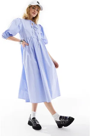Glamorous Bow tie puff sleeve midi smock dress in red check