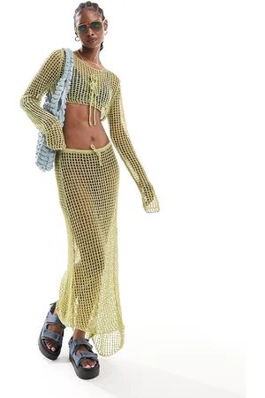 Daisy Street Asymmetric hem maxi skirt in open knit olive crochet co-ord