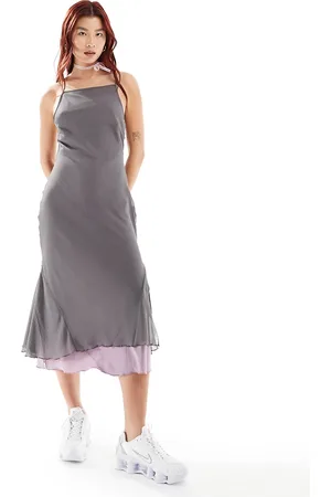 COLLUSION Textured chiffon midi asymmetric slip dress in & lilac