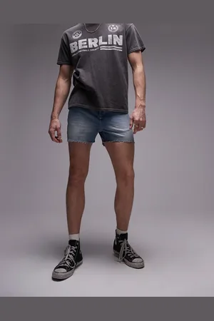 Topman Micro denim short with raw hem in light wash