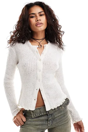 COLLUSION Slash neck lettuce hem cardi in ecru