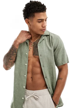 Only & Sons Linen mix revere collar shirt in sage