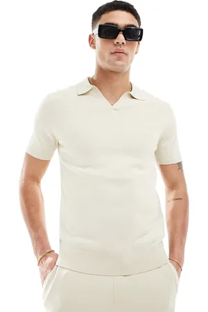 SELECTED Co-ord knitted revere polo in beige