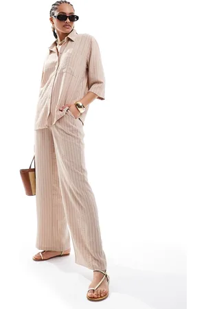 JDY High waisted wide leg trouser co-ord in beige stripe