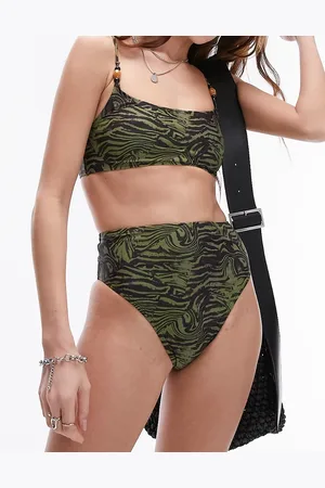 Topshop Mix and match cami bikini top with beads in abstract khaki animal print