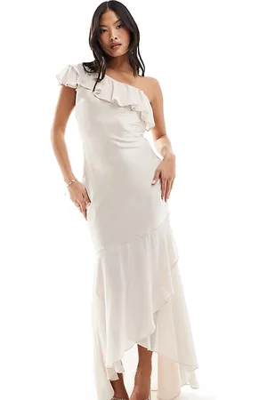 TFNC Bridesmaid satin one shoulder ruffle maxi dress in champagne