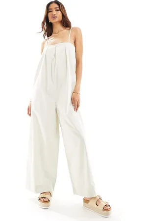ASOS Pleated square neck wide leg jumpsuit in stone