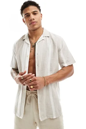 Only & Sons Revere collar linen mix shirt in beige stripe