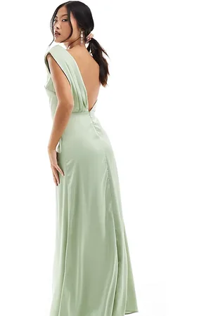 TFNC Bridesmaid satin one shoulder drape maxi dress in sage