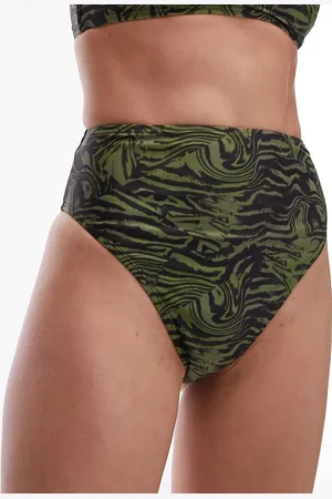 Topshop Mix and match high waist high leg bikini bottoms in abstract khaki animal print