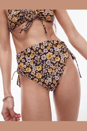Topshop Mix and match high waist ruched bikini bottoms in brown ditsy floral print