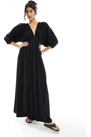 ASOS Plunge elastic tea midi dress with ruched waist in