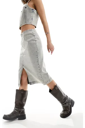Monki Co-ord midi denim skirt in light beige dusty tint